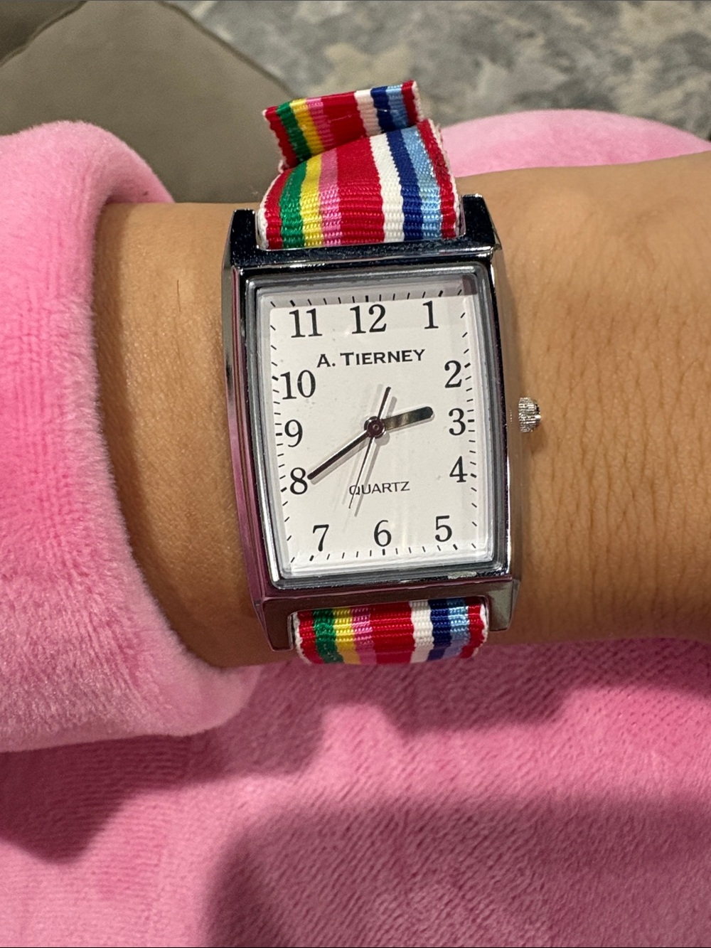 A.Tierney vintage working Women's Silver Square Watch with color Stripe fabric